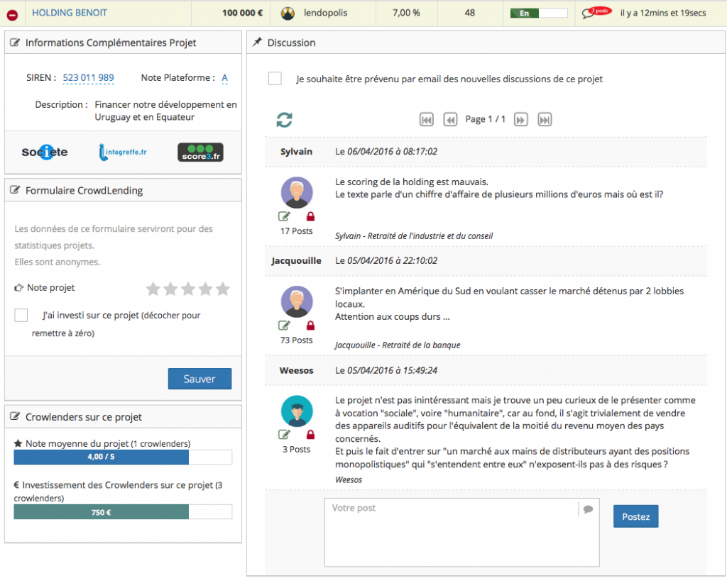 Discussion, échange, notation des projets de crowdlending