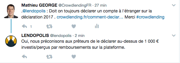 Réponse de Lendopolis sur Twitter le 12 avril 2017