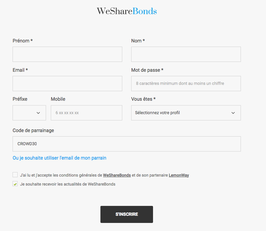 code de parrainage / bonus Wesharebonds